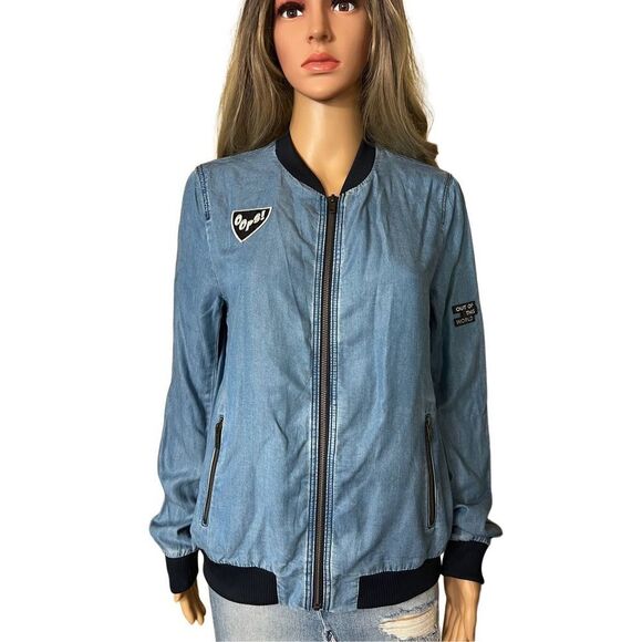 Zara patch jacket sz M denim bomber - Picture 3 of 11
